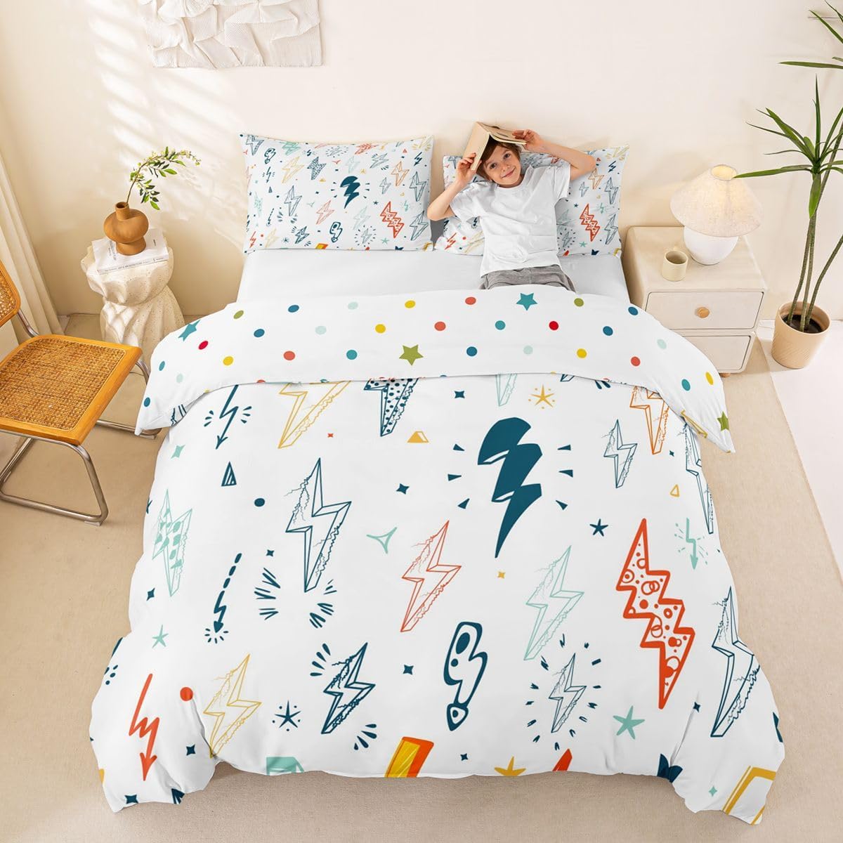 Homewish Cartoon Lightning Duvet Cover Set Twin Size Videos Games Bedding Set 2Pcs for Kids Boys Girls Teens Bedroom Decor Colorful Lightning Comforter Cover Modern Fashion Quilt Cover,1 Pillowcase