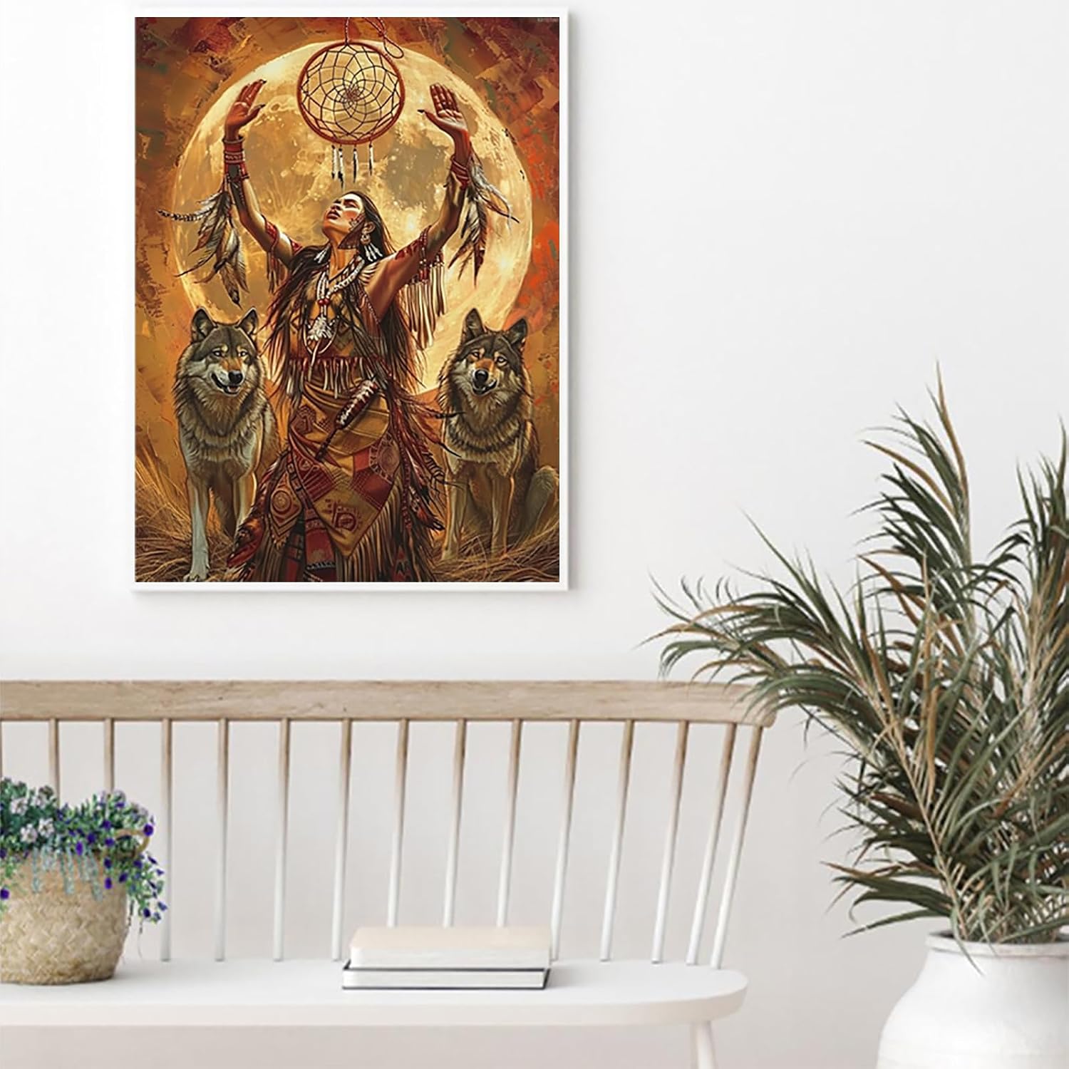 5D Diamond Art Painting Kits Beautiful Native American Woman in Center of Wolves DIY Round Full Drill Diamond Paint by Diamond Number Kits for Beginners Crystal Cross Stitch Wall Decoration 30x40cm