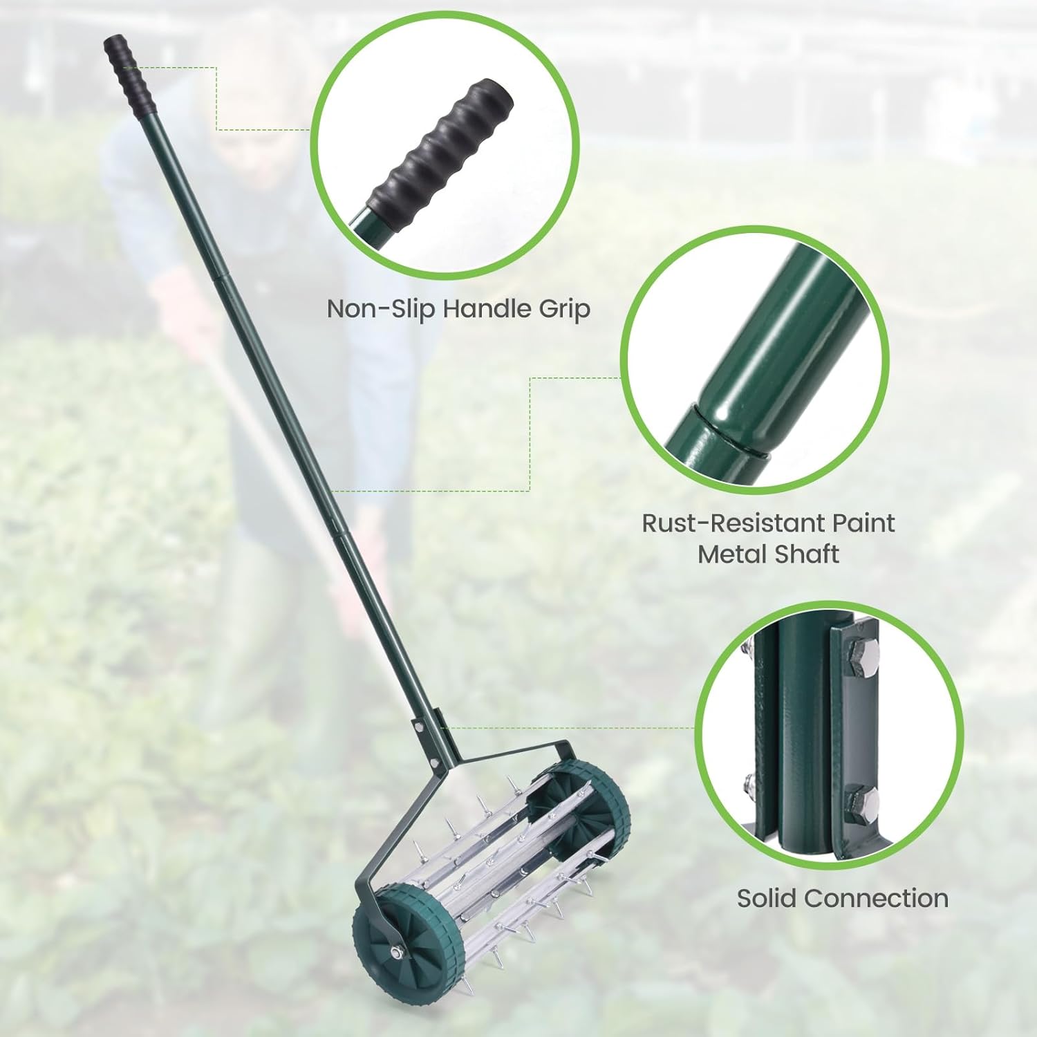 GYMAX Lawn Aerator, 17inch Heavy Duty Rolling Aerator with Sharp Spikes & Anti-Slip Handle, Push Grass Aerator for Lawn, Garden, Yard, Manual Aerator Tool (Basic)