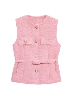 Perbai Womens Tweed Blazer Vest Crewneck Button Down Sleeveless Belted Plaid Work Office Tank Top with Pockets