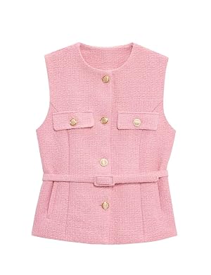 Perbai Womens Tweed Blazer Vest Crewneck Button Down Sleeveless Belted Plaid Work Office Tank Top with Pockets