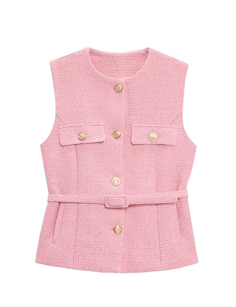 Perbai Womens Tweed Blazer Vest Crewneck Button Down Sleeveless Belted Plaid Work Office Tank Top with Pockets