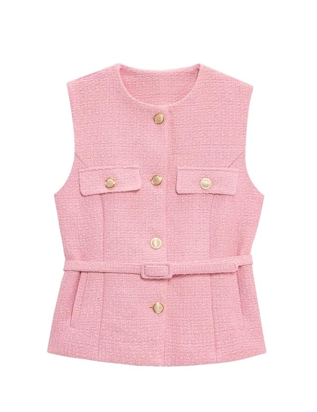 Perbai Womens Tweed Blazer Vest Crewneck Button Down Sleeveless Belted Plaid Work Office Tank Top with Pockets