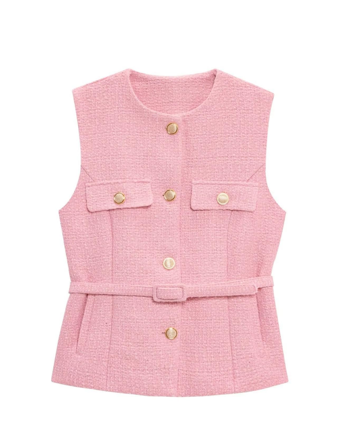 Perbai Womens Tweed Blazer Vest Crewneck Button Down Sleeveless Belted Plaid Work Office Tank Top with Pockets