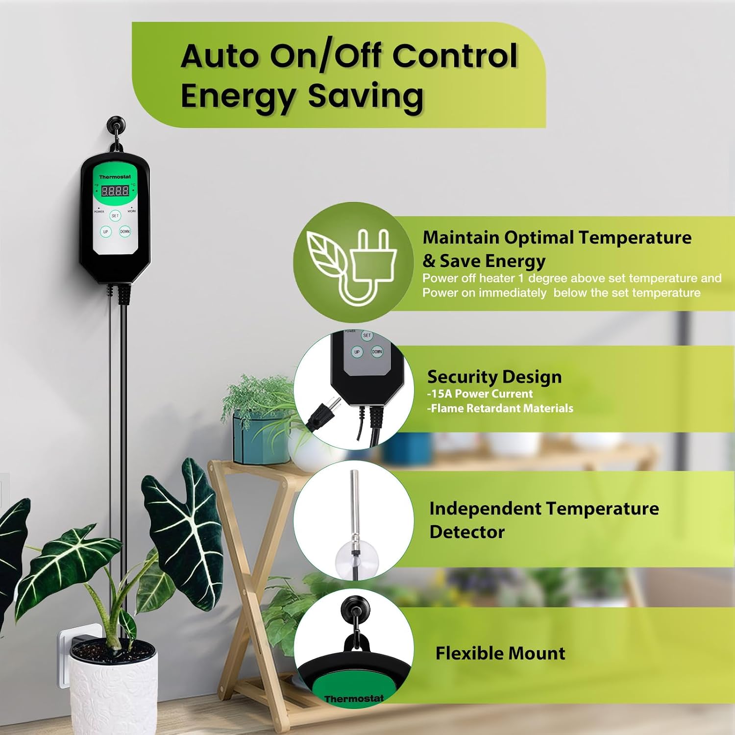 Greenhouse Heater with Thermostat, Auto Temperature Control Kit with Digital Display, Fast Heating, Overheat Protection, for Grow Tent, Greenhouse, Flower Room, Patio, Winter Plants image 4