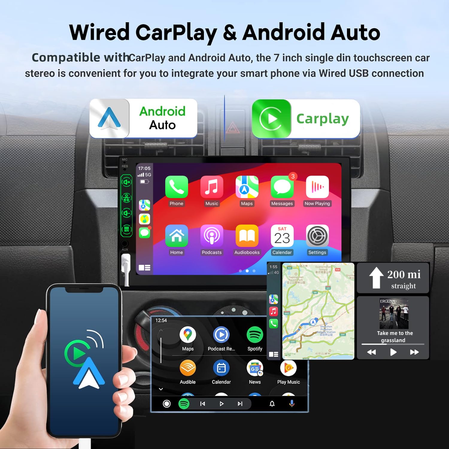 Autoradio 1 DIN con Schermo CarPlay & Android Auto – 7 Pollici Touchscreen Stereo Auto con Schermo, Radio Bluetooth Auto con Mirror Link/USB/FM, Supporta Telecamera Posteriore