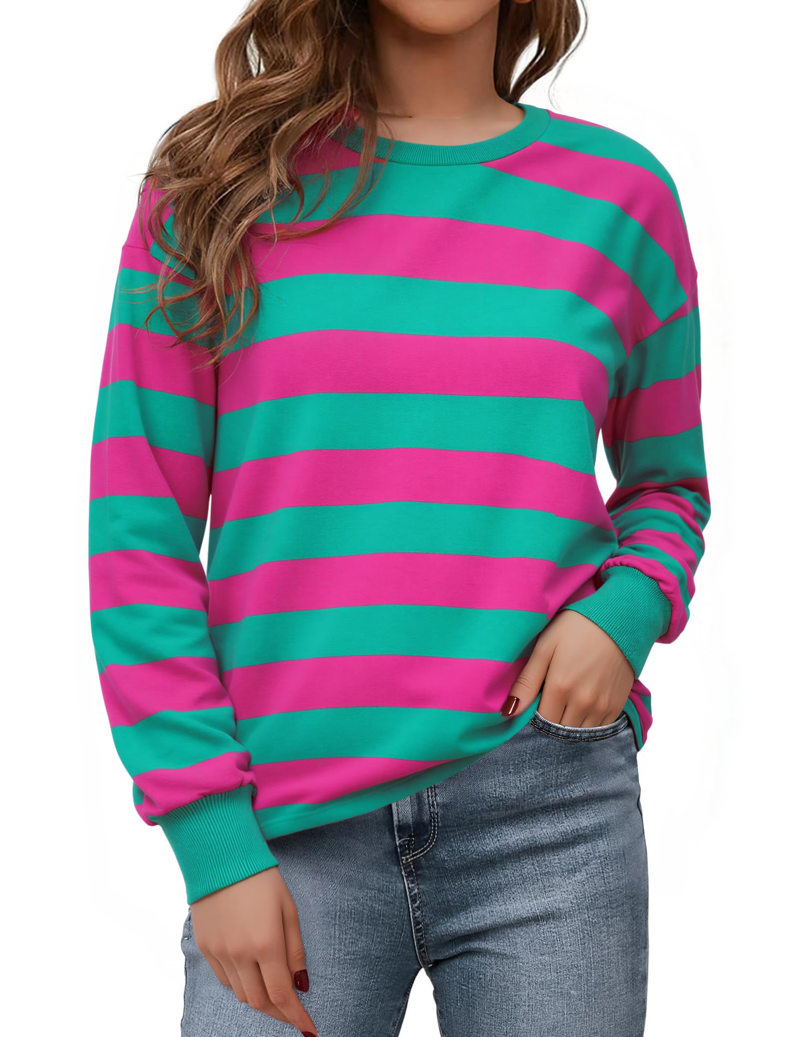 Aottori Sweatshirt Damen Gestreift Langarmshirt Rundhals Locker | Oberteile Farbblock, Top Langarm, Pullover Elegant, Pulli Ohne Kapuze, Baumwolle, Casual, für Herbst Alltag Freizeit