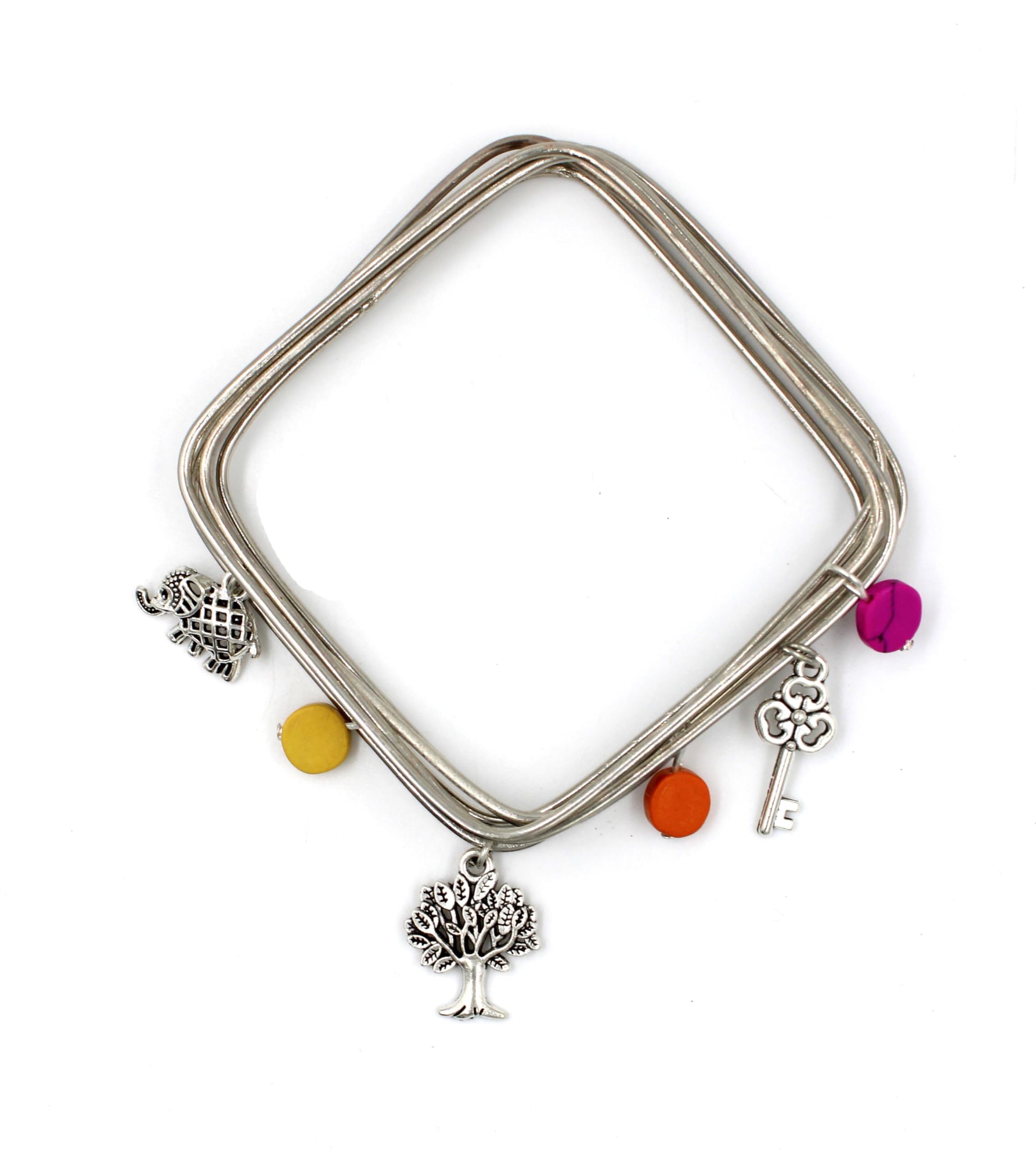 GURJARI JEWELLERS Silver Plated Plain SQUARE shape Bangles with Colur full Turquoise beads and Oxidised charms Set (2.8) (B0CW3DGMGX) Amazon Price History, Amazon Price Tracker