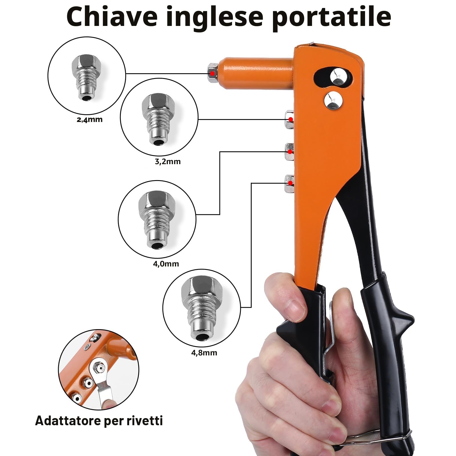 Rivettatrice Manuale con 200 Pezzi Rivetti, 4 Punte in Acciaio Carbonio, 4 Teste Intercambiabili, 4 Misure Rivetti 2,4-3,2-4,0-4,8mm, Rivettatrice Professionale per Progetti Outdoor e Casa