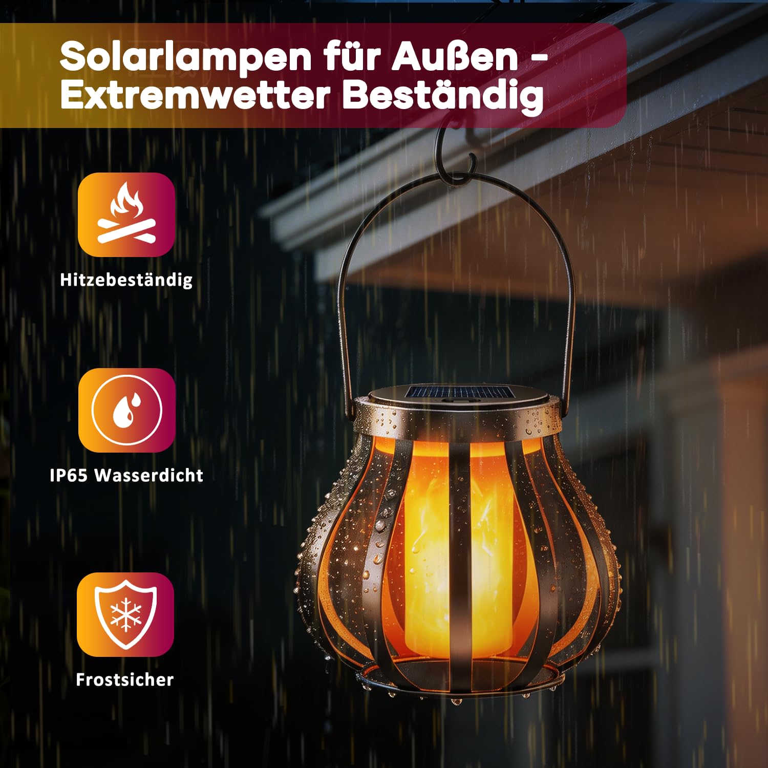 2 lanterne solari con effetto fiamma reale per esterni, IP65, impermeabili, per giardino, balcone, terrazza e cortile con sensore crepuscolare automatico, decorazione da giardino, Senza gancio e base