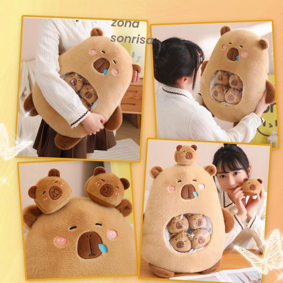 Kekeso Capybara Peluche Kawaii Capybara Peluche con 6 Bebés Lindos Bolsa de Capybara Peluches Almohada Juguetes de Peluche para Niñas Niños Regalos,Marrón