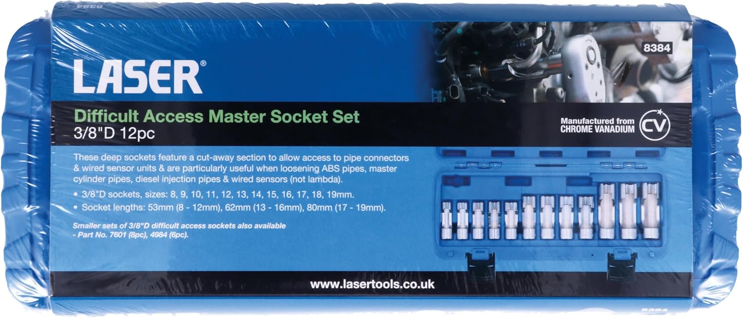 Laser 8384 Difficult Access Master Socket Set 3/8" D 12pc | 3/8" D sockets, Sizes | Manufactured from Chrome Vanadium and Supplied in a Blow Mould case