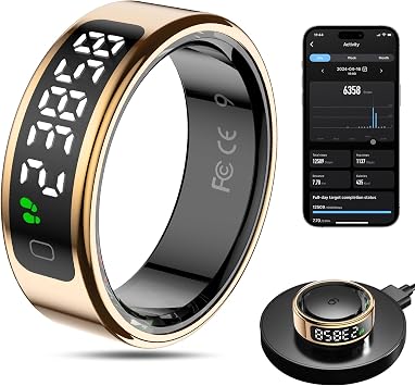 Smart Ring Health Tracker for Men/Women,Fitness Ring Sleep Tracker with LED Display Sreeen,Fast Charging,Health and Sleep Monitoring,Motion Tracking,Female Cycle,WaterproofGold2,12