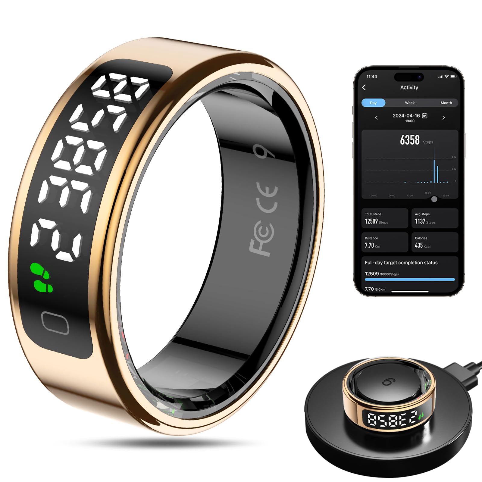 Smart Ring Health Tracker for Men/Women with LED Dispay Screen,Fitness Ring Sleep Tracker,Fast Charging,for Pedometer Exercise,Monitor Sleep,Heart Rate, Stress,Waterproof (Gold, 9)-picture-19