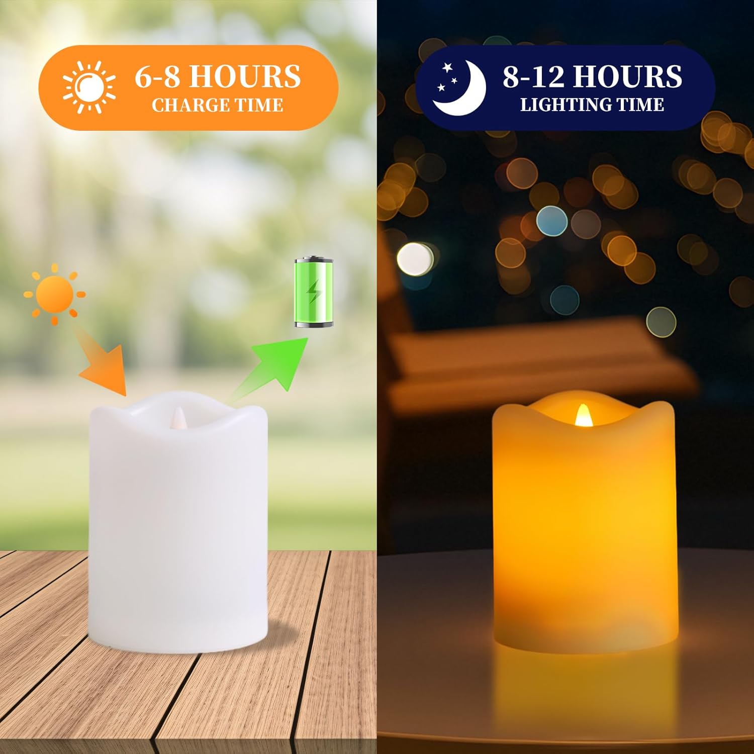 Solar Flameless Pillar Candles Outdoor 4 Pack, 3"x4" Rechargeable Solar Powered Lights, IP65 Waterproof Dusk to Dawn Sensor Solar Candles for Backyard, Garden, Patio, Porch, Pathway, Table Centerpiece - Image 7