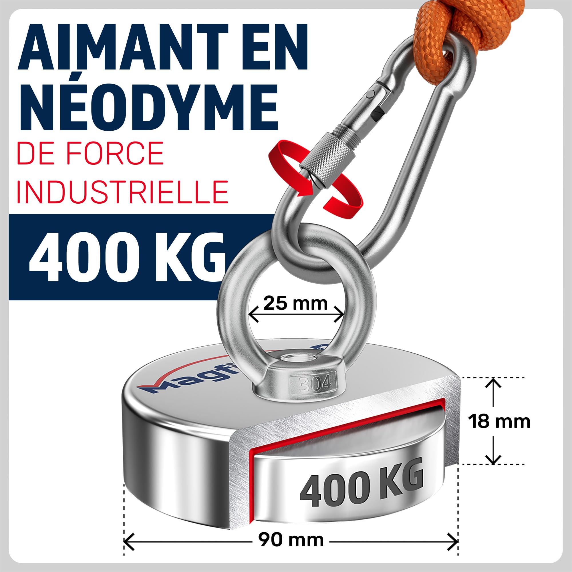 MAGFISHION Aimant Neodyme Puissant - 400 KG - Aimant de Pêche - Ø90mm - Peche a l'aimant avec 2 Cordes, Triple Crochet et Gants - Kit de Pêche Super Magnétique