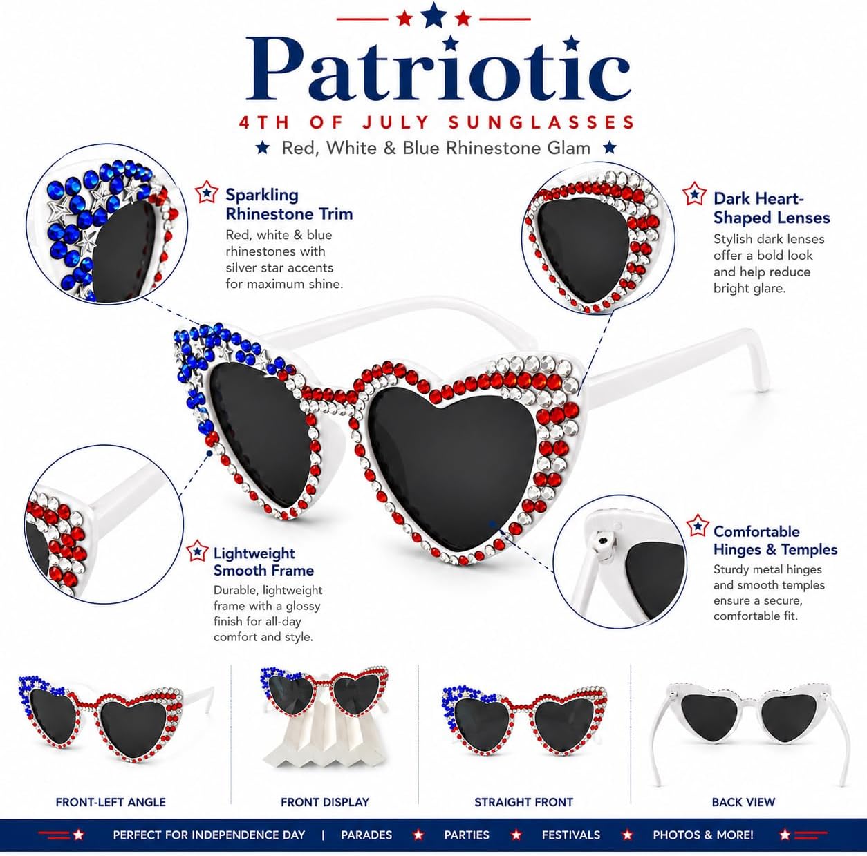 SVKN 4th of July Sunglasses, Patriotic Red White Blue Beads Glasses for Independence Day Decorations & Accessories
