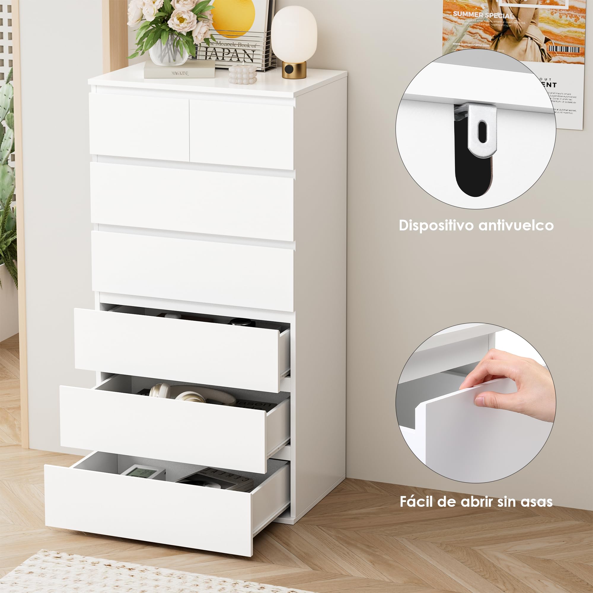 FOREHILL 119cm Sinfonier Dormitorio Alto Estrecho 7 Cajones Moderno, Blanco | Cómoda Vertical Cajonera Almacenaje Complementario para Armario Ropero, Ahorro Espacio para Pisos Pequeños, 60An.x40F.x119cm