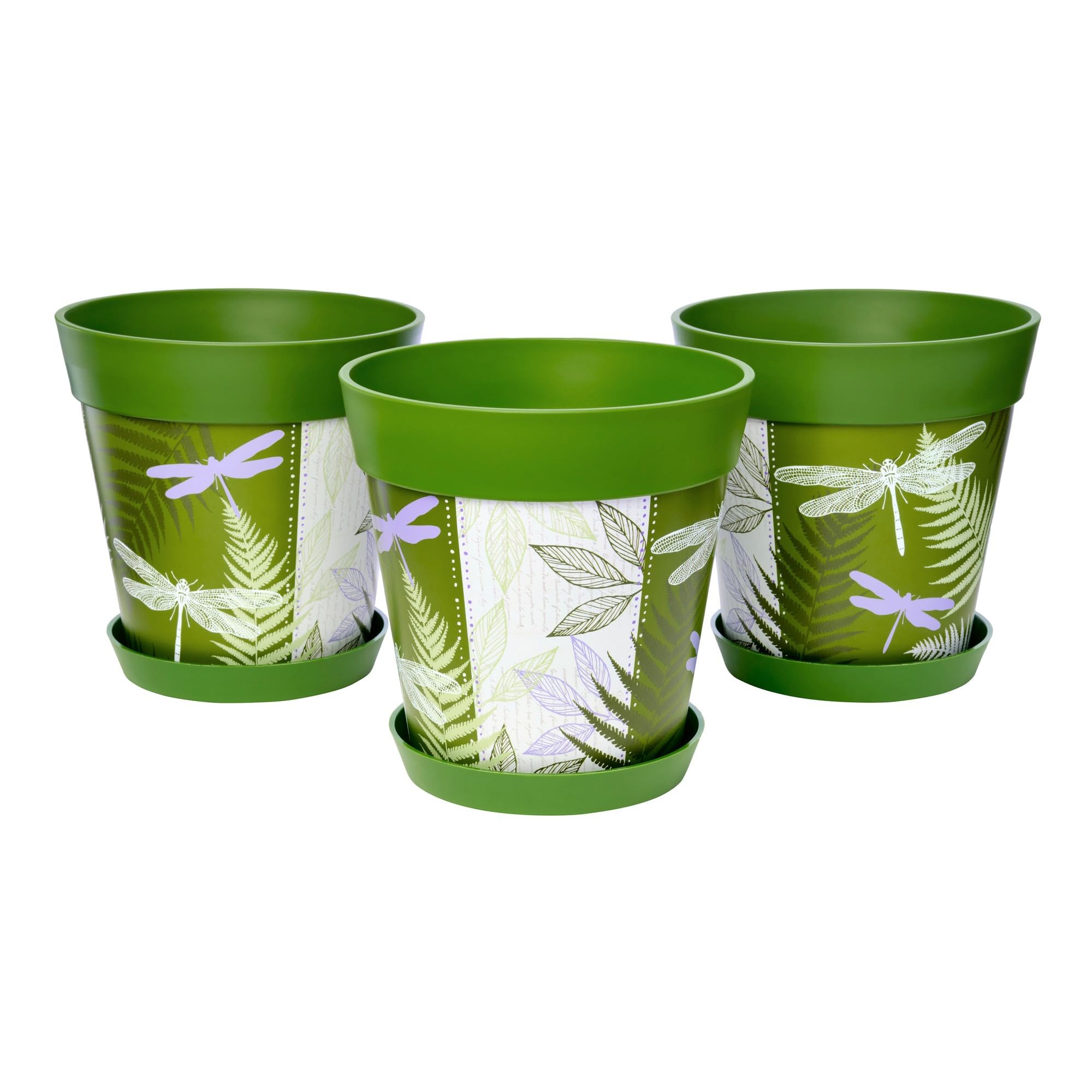 Hum Flowerpots Green Dragonflies Set Of 3 Plastic, Indoor/Outdoor Plant Pots 22Cm Diameter And 3 Saucers 17Cm Diameter (Green Dragonflies)