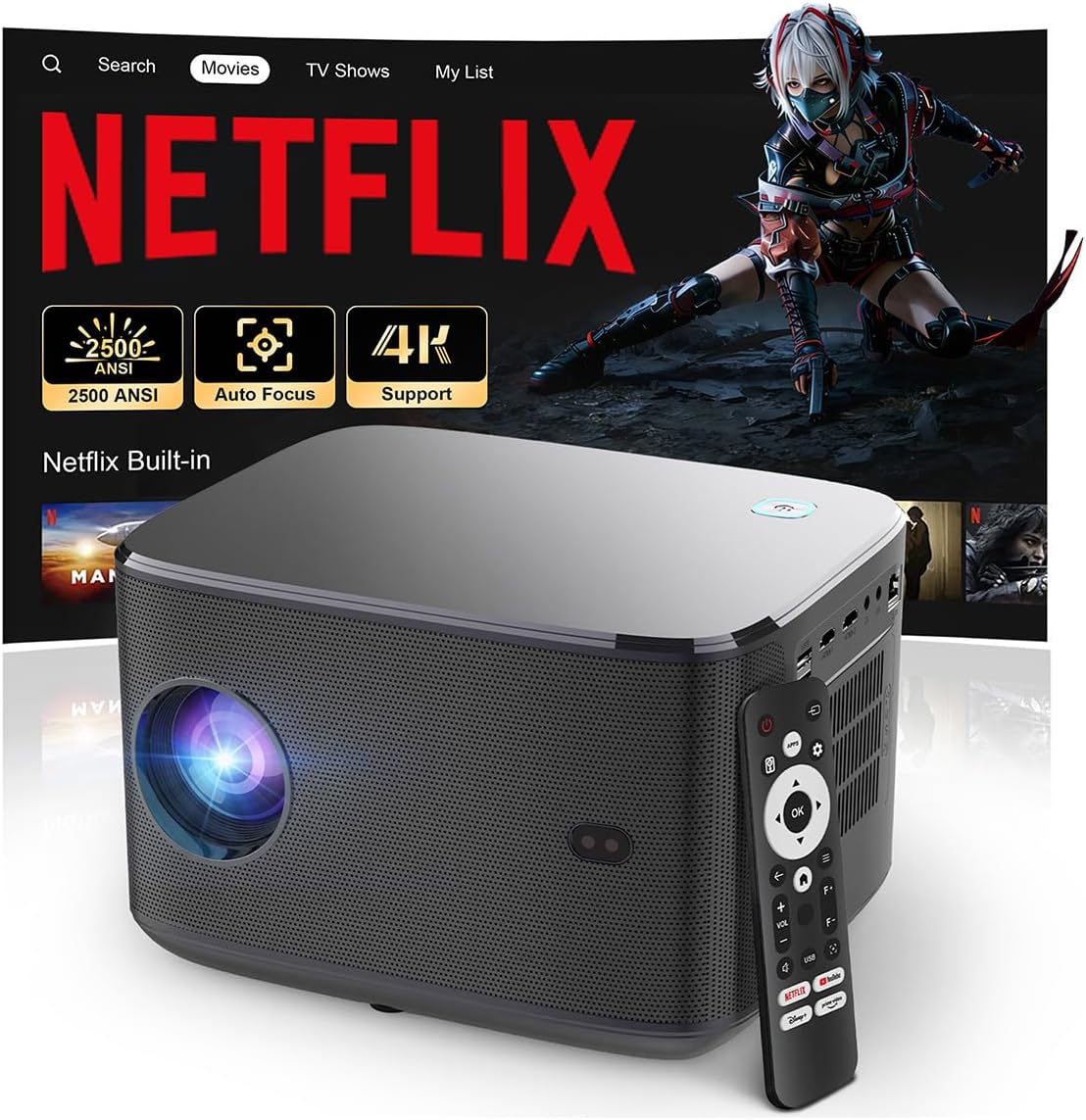 Native 1080P Projector with Official Licensed Netflix, 4K Supported Smart Movie 