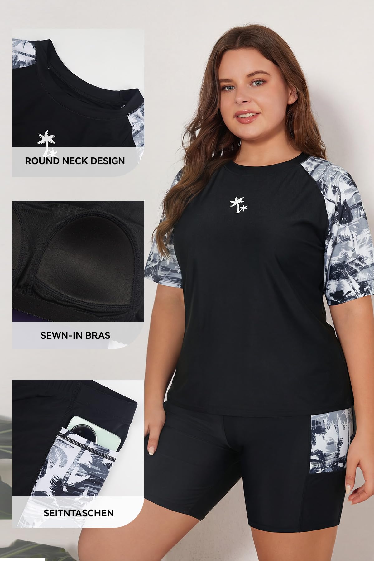 SHEKINI Großgröße Damen Rash Guard Set Badeshirt mit Badeshorts Schnelltrocknend Schwimmshirt für Surfen Sonnenschutz Badeanzug