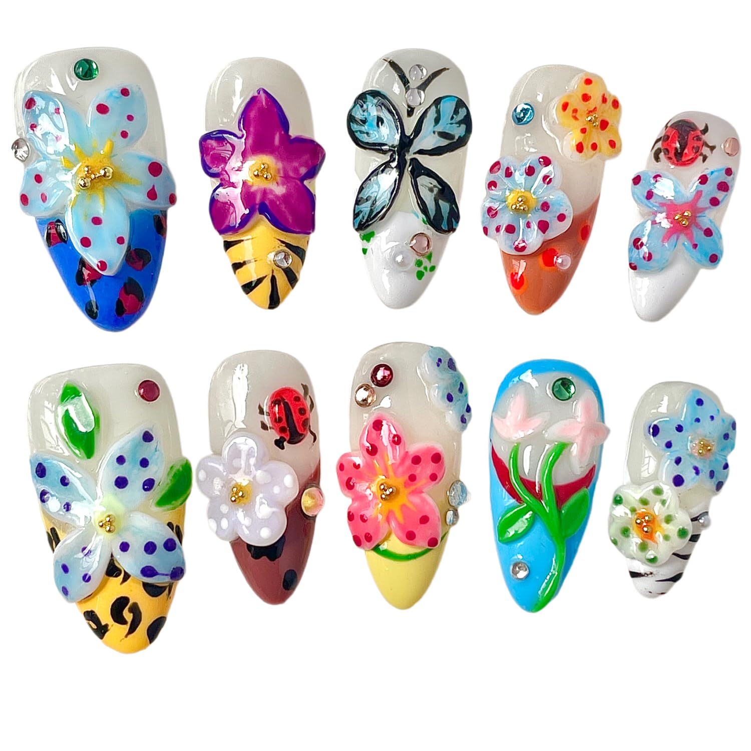 Handmade Press On Nails 3D Floral & Butterfly with Red Ladybug Fake Nails Medium Almond Acrylic Nail Tips Luxury Enchanted Garden Stick on False Nails