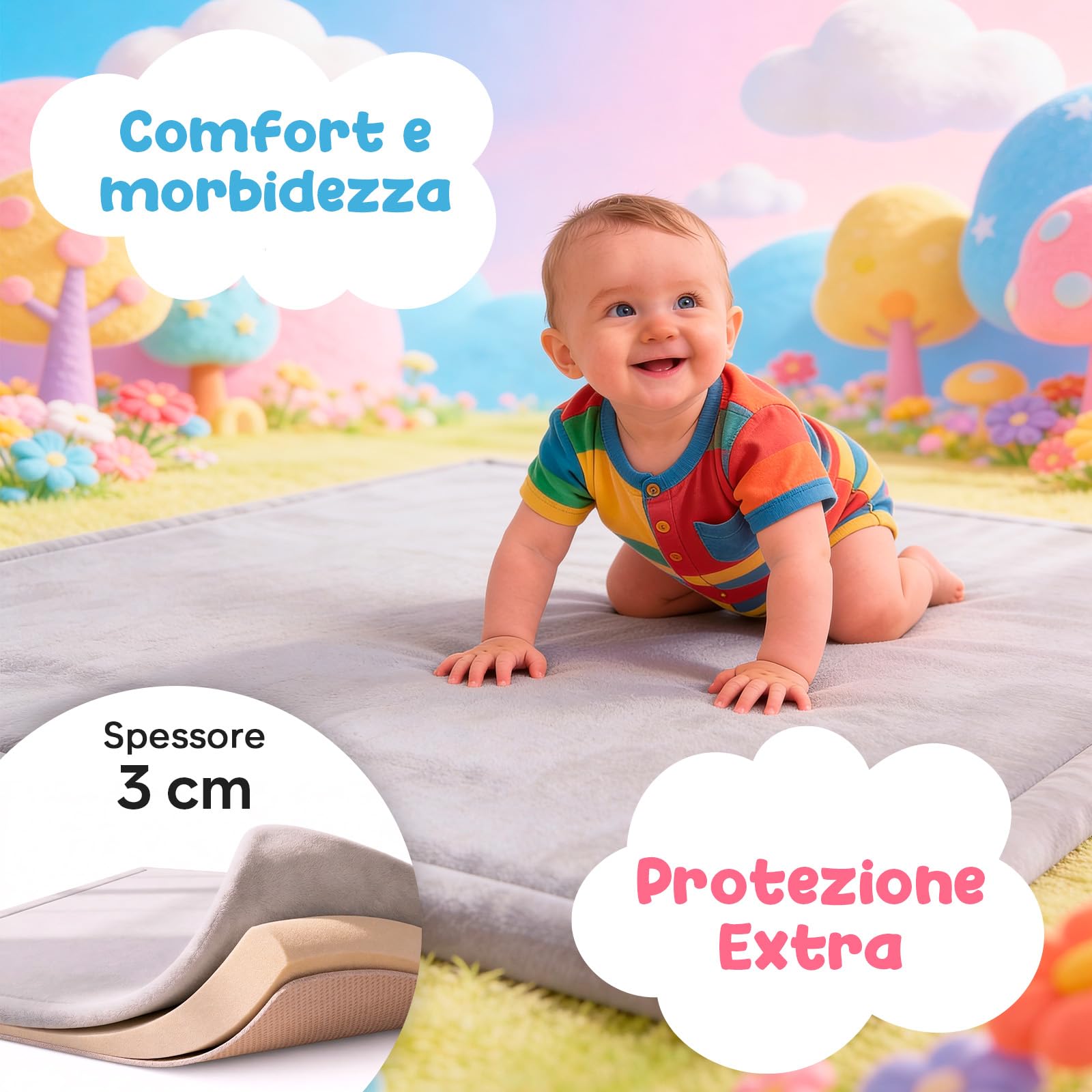 Tappeto Gioco Bambini 150x150 cm – Tappeto per Neonati in Memory Foam Spessa 3 cm – Non Tossico, Antiscivolo e Confortevole – per Attività e Gattonamento – Avec Maman