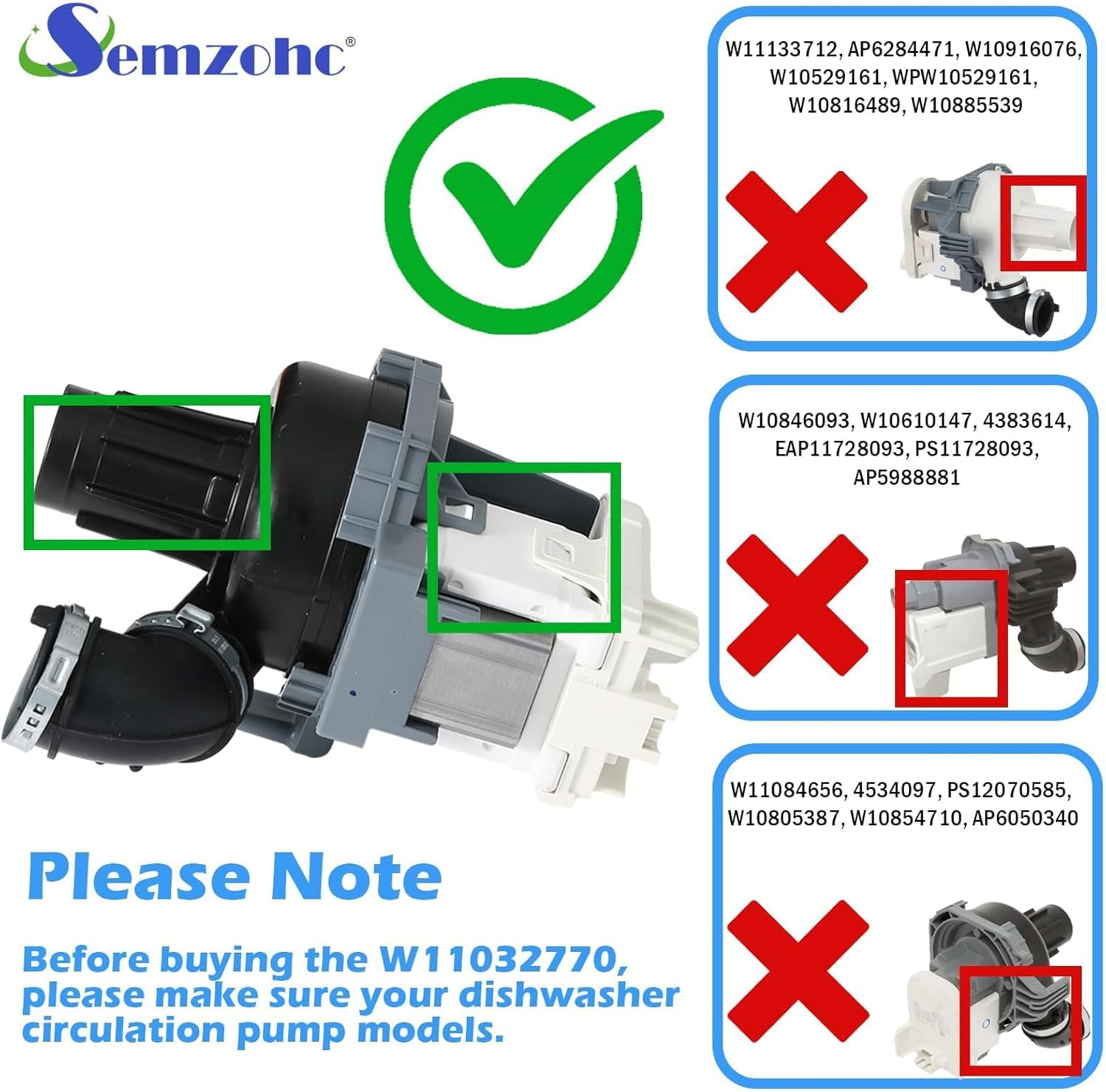 W10510667 W10816492 WDT780SAEM1 Dishwasher Circulation Pump Fit for whirl-pool ken-more Dishwashers WDF760SADM1 WDT720PADM1 WDT780SAEM2 WDT720PADM2 WDT790SAYB0 WDT790SAYB1 - Replace W10529163