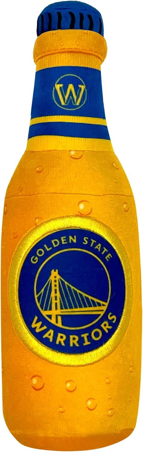 NBA Golden State Warriors Beer Bottle Plush Dog & CAT Squeak Toy - Cutest Stadium SODA Bottle Snack Plush Toy for Dogs & Cats with Inner Squeaker & Beautiful Basketball Team Name/Logo