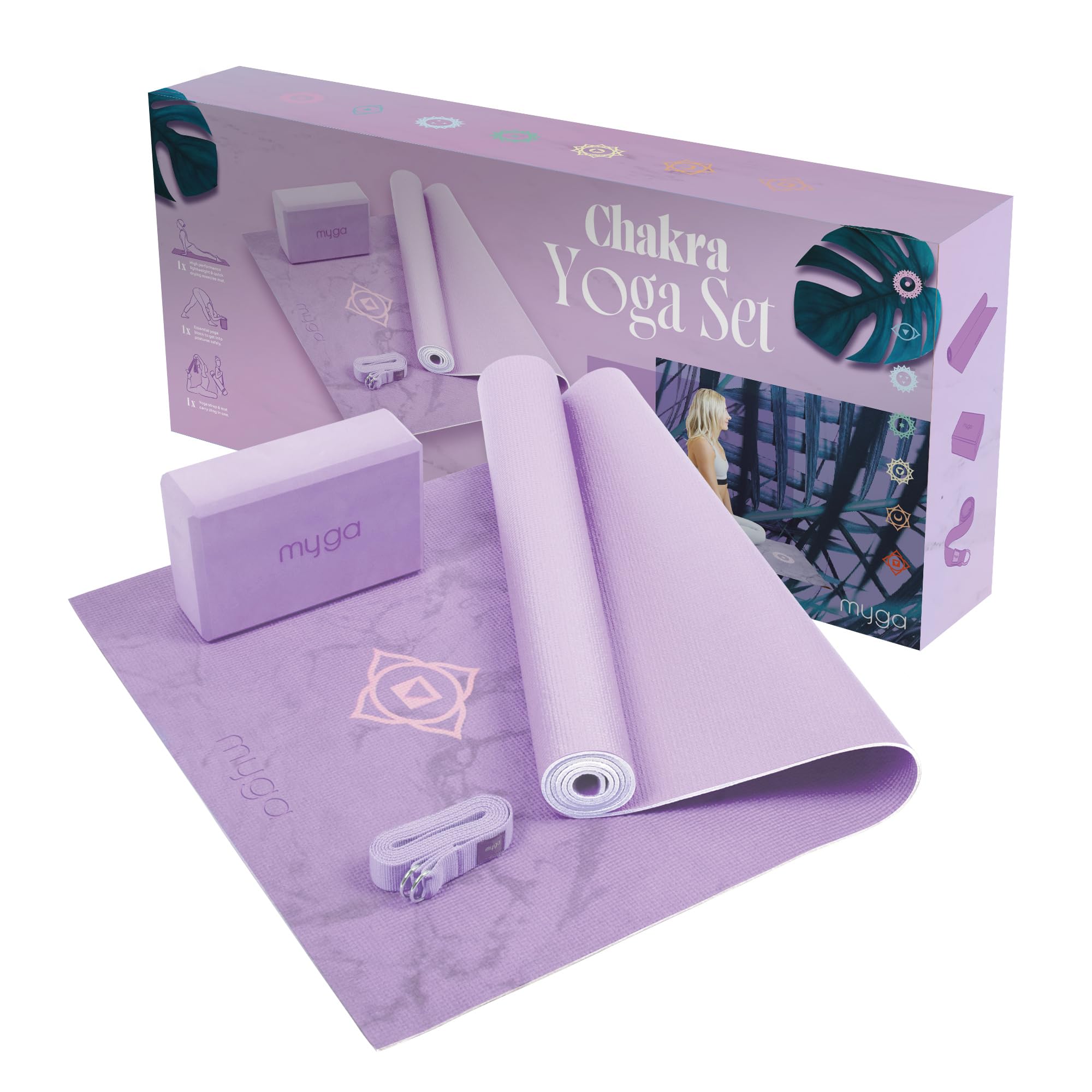 Myga Yoga Starter Kit | Komplettes Set mit Yogamatte, Yogablock & Gurt | rutschfest & Unterstützend | Ideal für Anfänger & Zuhause sowie Reisen | Unterschiedliche Druck Designs