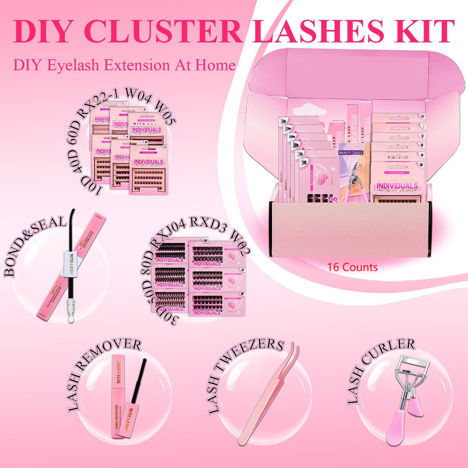 Lash Clusters Kit Lashes Clusters 12 Boxes Cluster Lashes Soft Eyelash Extensions Wispy Eyelash Cluster with Lash Bond and Seal,Remover,Tweezers,Eyelash Curler(16 Counts Lash Kit) - Image 3