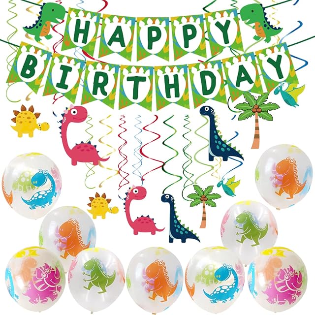 Kreatwow Dinosaur Birthday Party Decoration Supplies for Boys Girls Dino Party Decoration Happy Birthday Banner Dinosaur Birthday Banner Hanging Swirls for 1st 2nd 3rd 4th Dino Theme Birthday