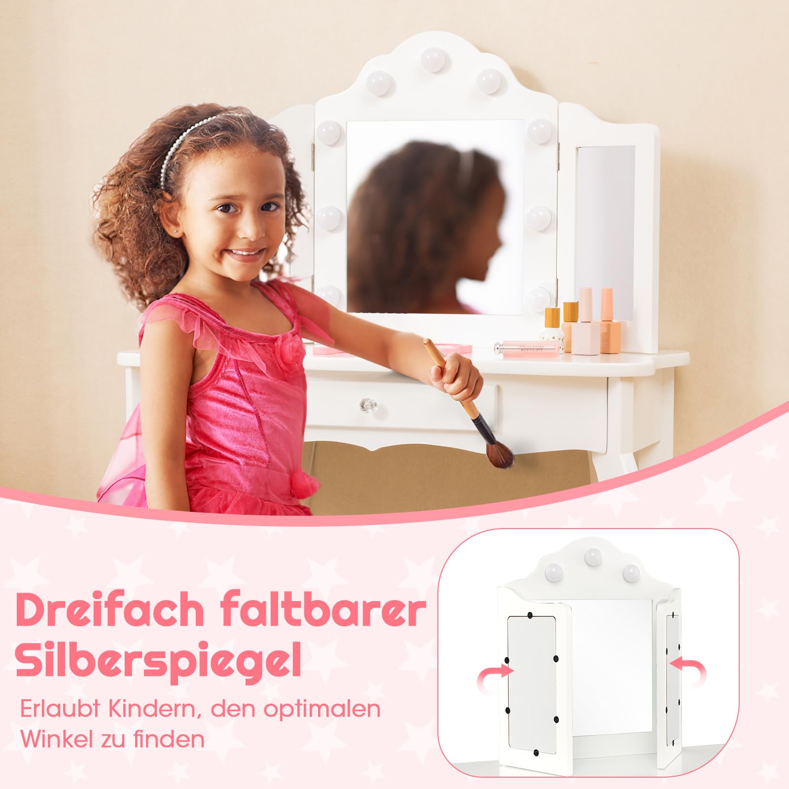COSTWAY 2 in 1 Kinder Schminktisch mit Beleuchtung, Frisiertisch mit LED-Leuchten, klappbarem Spiegel & Schubladen, Kosmetiktisch Prinzessin für Kinder Mädchen(Weiß)