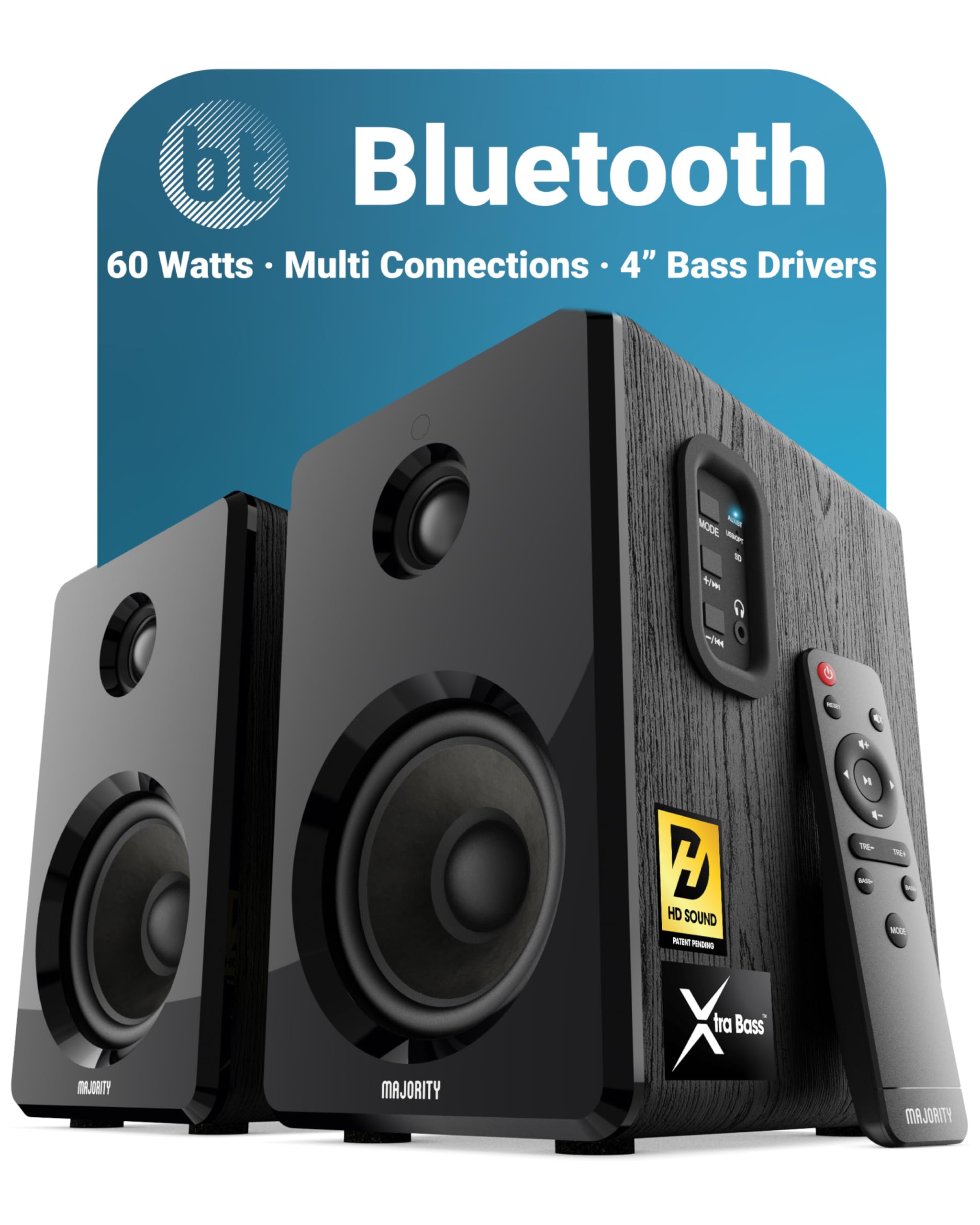 MAJORITY D40 | Active Bluetooth Bookshelf Speakers | Amplified HiFi Speakers with 60W 2.0 Channel 4" Drivers | Powered Studio Loudspeakers with Optical, RCA, USB & AUX Input | Remote Control Included
