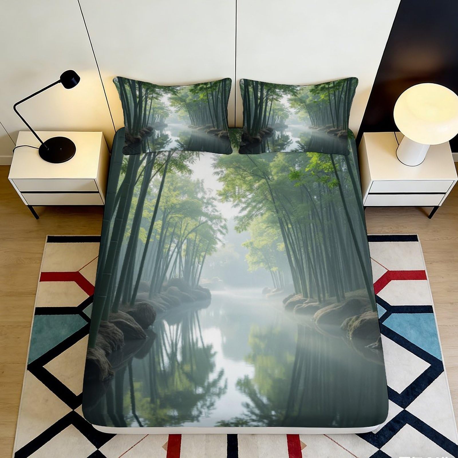 3D Printed Misty Forest Fitted Sheet Microfiber Soft Breathable River Bed Cover for Bedroom Dormitory Guest Room Mattress Protection Decor 140x200x25cm