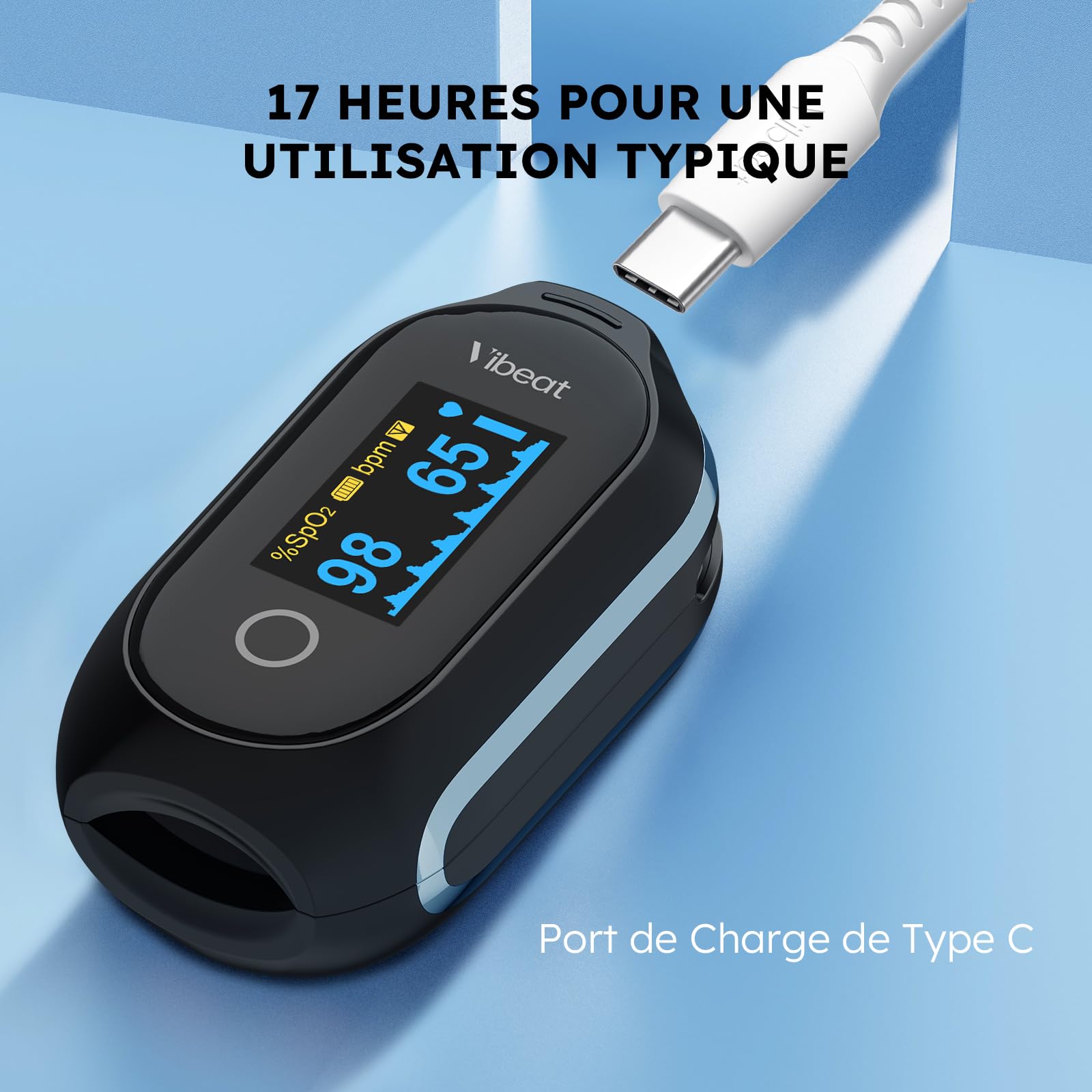 Vibeat Sleep Oxymètre de Doigt Bluetooth avec mode continu, Rechargeable Oxymètre de Pouls avec 80 Heures d'Enregistrement des Données, avec Synchronisation Automatique des Données