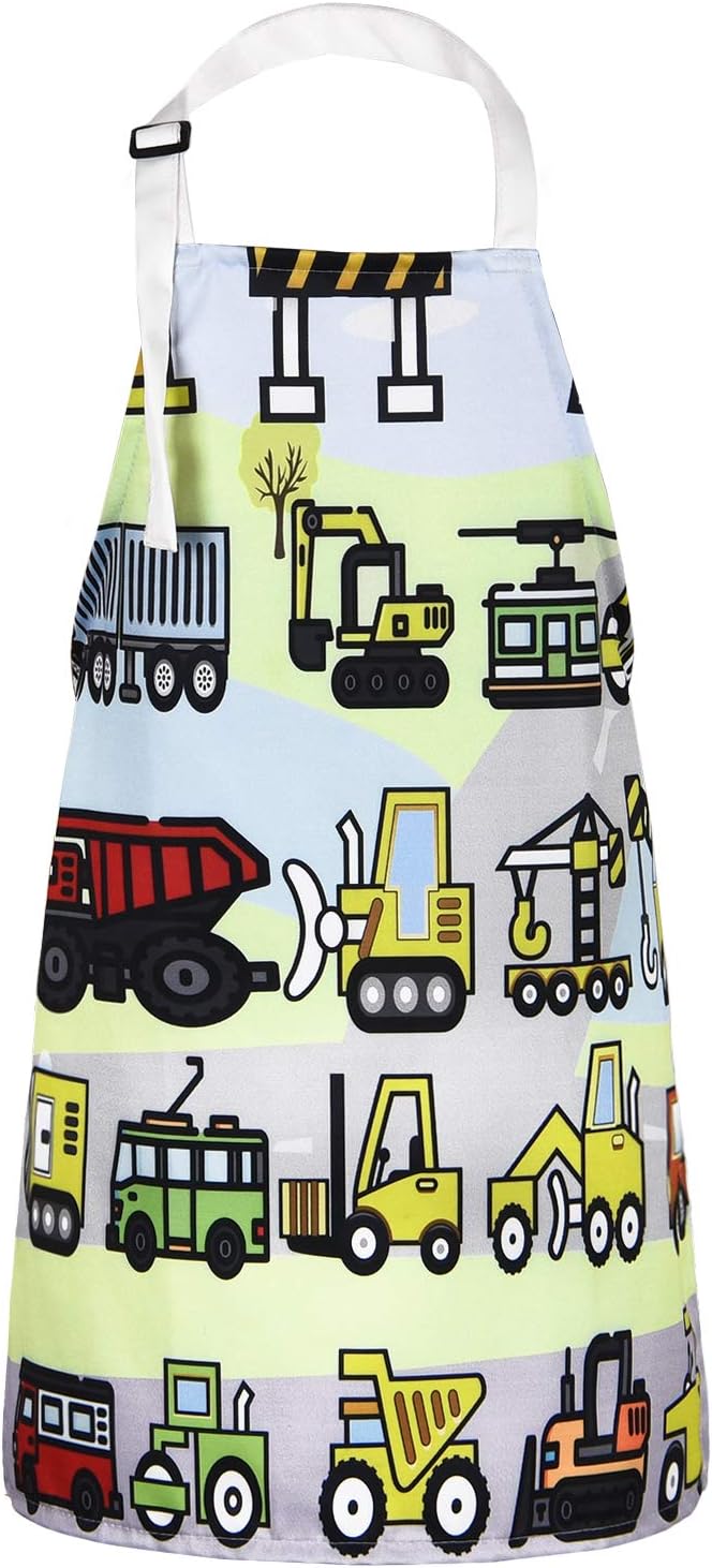 Sevenstars Kids Aprons, Vehicles in Cartoon Style Boys Girls Baking Apron, Excavator Loader Apron for Toddlers Children, Adjustable Kitchen Apron for Gardening Crafting Cooking