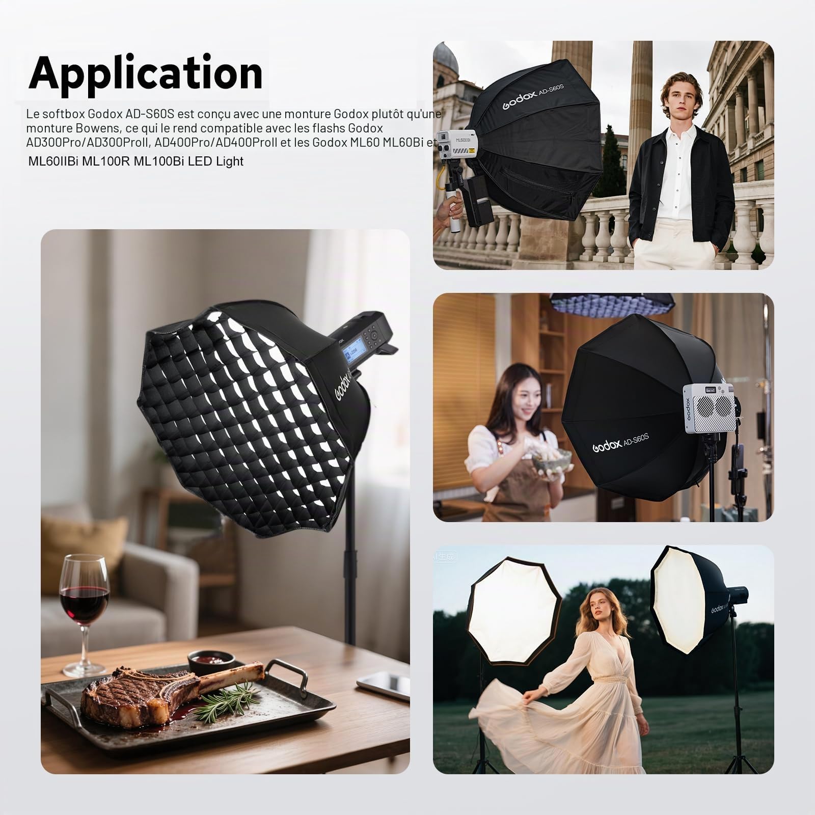 Godox AD-S60S Boîte à Lumière, Portable Mount Softbox pour Godox AD400Pro AD300Pro AD300ProII Flash de Studio et ML60 ML60Bi ML60IIBi ML100R ML100Bi Lumière LED