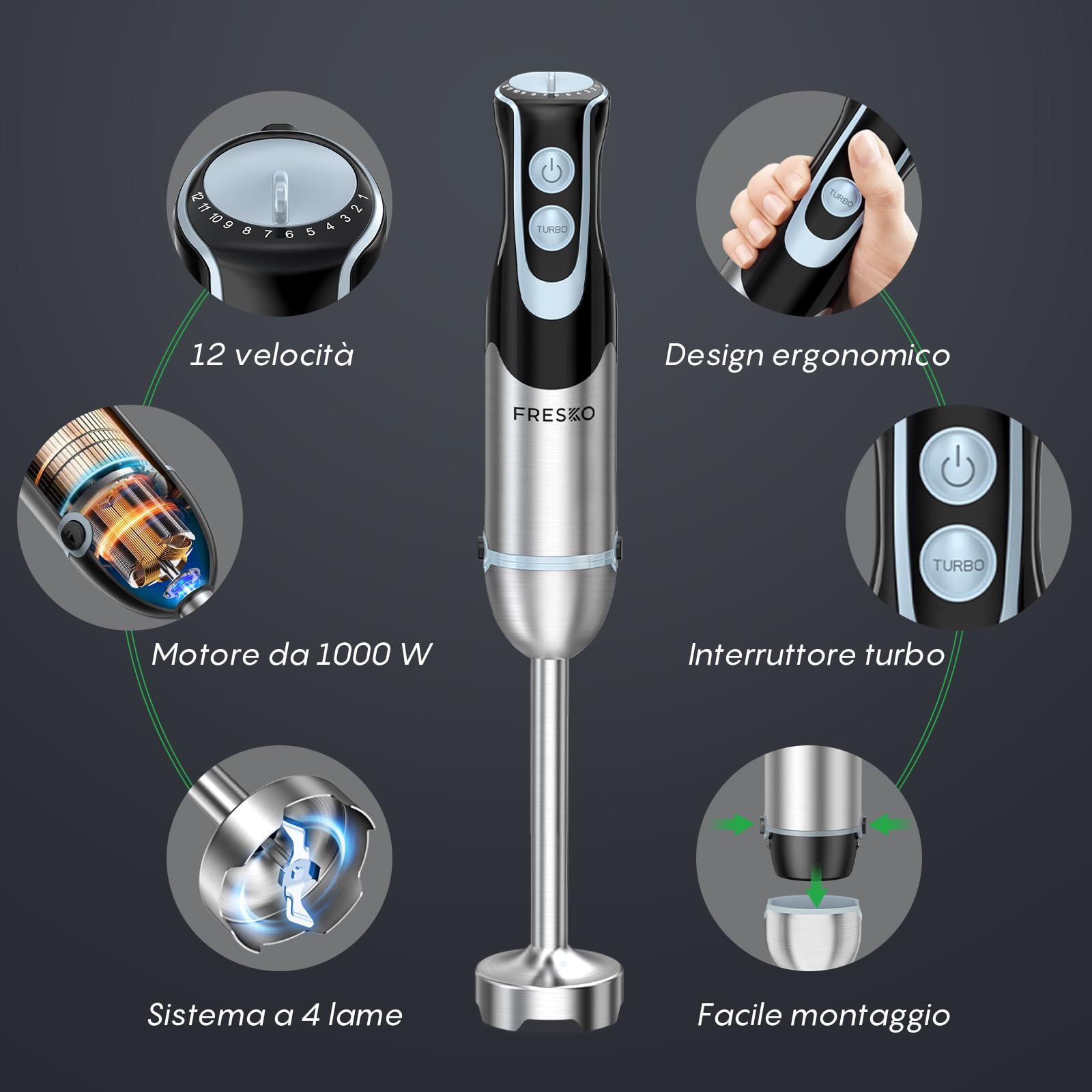 FRESKO Frullatore a Immersione 4-in-1, 1000 W Minipimer Immersione in 304 Acciaio Inossidabile, con 12 Velocità e Modalità Turbo, Antispruzzo Design, Include Misurino, Tritatutto e Frusta (HB3302)