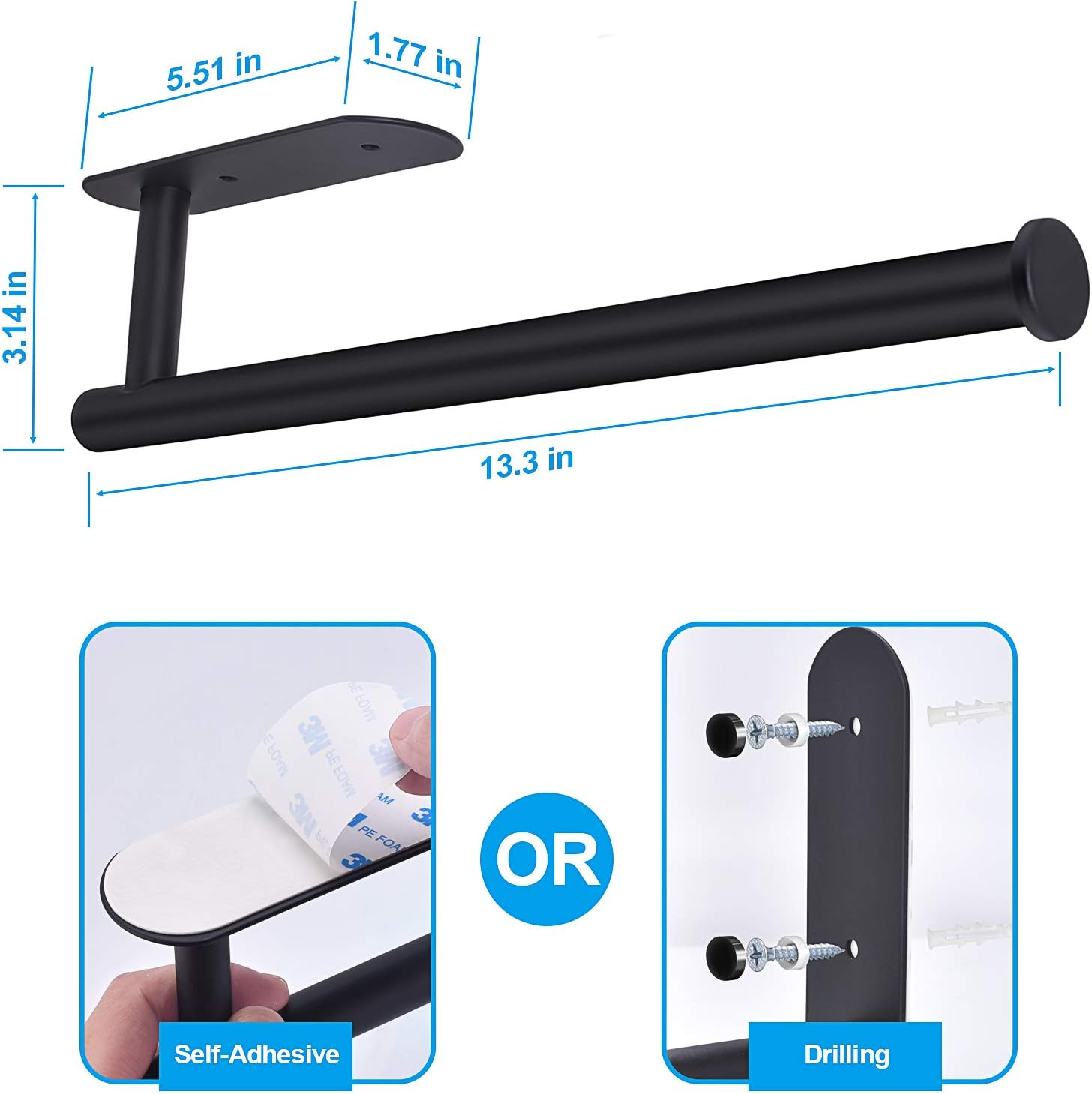Pinyi Paper Towel Holder - Black, 13.3 Inch, Stainless Steel, Under Cabinet or Wall Mount