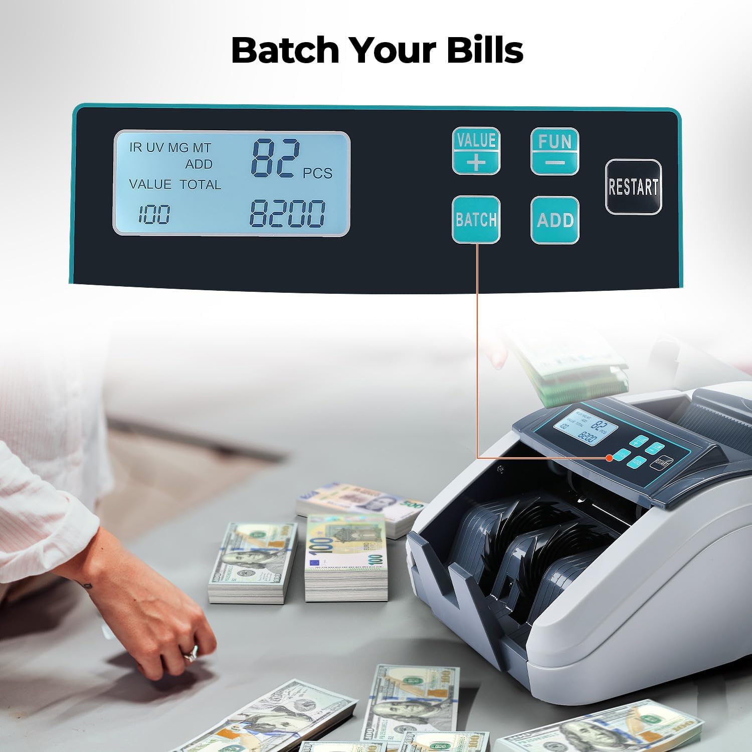 MUNBYN IMC51 Money Counter Machine Count Value, Add+Batch/Add+ Value Mode Bill Counter, UV/MG/IR/MT Detection, USD only Cash Counter,1100 Bills/min, Money Counting Machine with... - Image 5
