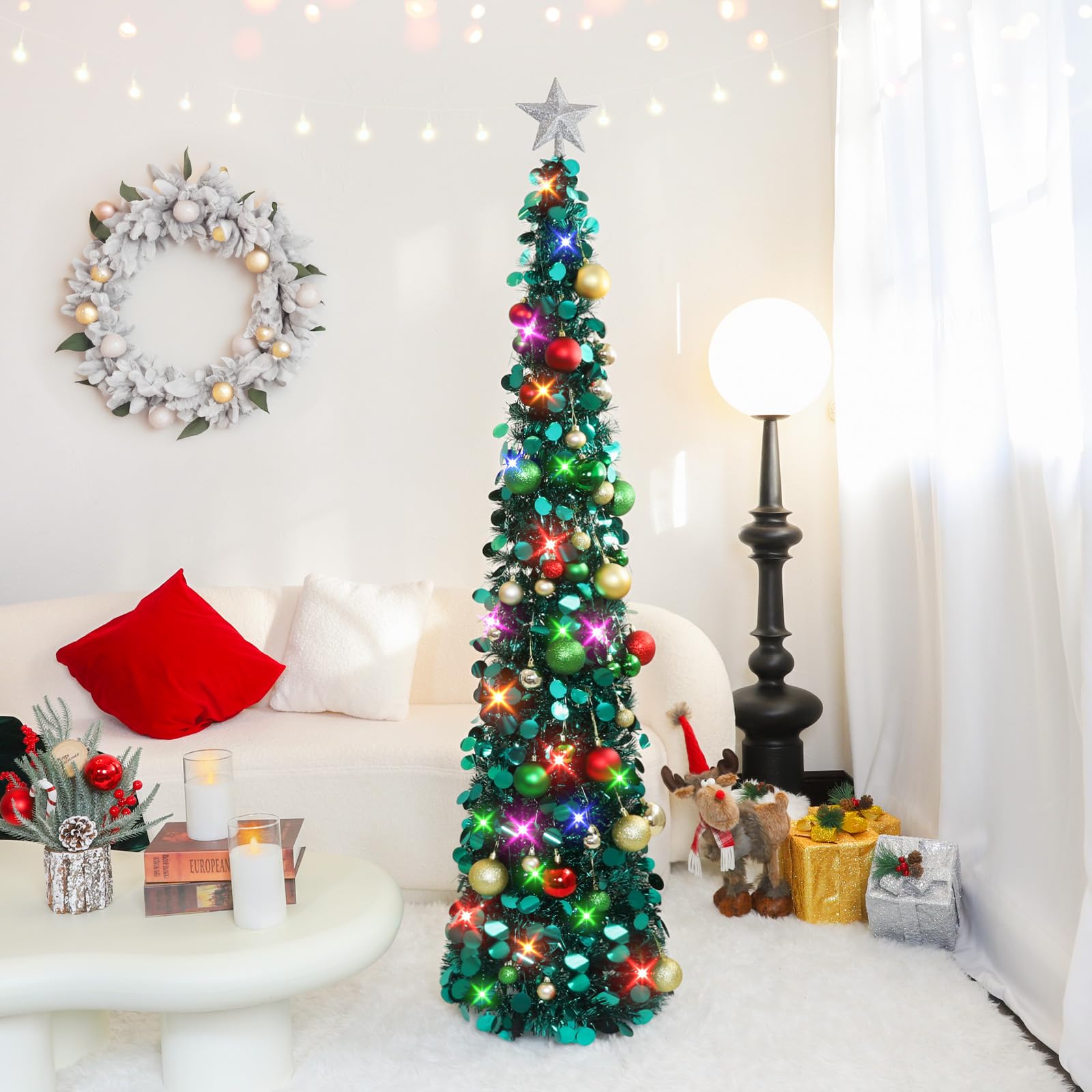 MACTING Künstlicher Weihnachtsbaum Mit Beleuchtung, 5Ft/1.5m Pfauenblau Tannenbaum Künstlich, Zusammenklappbarer Pop-up Christbaum