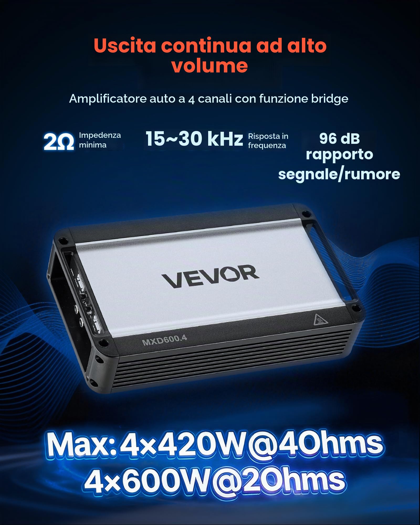 VEVOR Amplificatore Audio per Auto a 4 Canali Potenza a Ponte di Classe D max. 4x420 W a 4 Ohm/4x 600 W a 2 Ohm, Amplificatore per Veicoli Multicanale 14,4V CC Larghezza di Banda 15 Hz-30 kHz