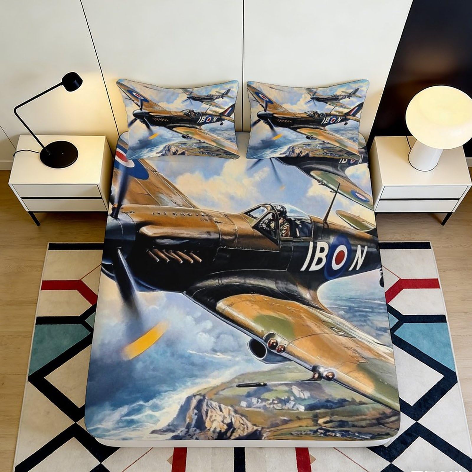 3D Printed Fighter Aircraft Fitted Sheet Microfiber Soft Anti-Slip Camouflage Warplane Bed Cover for Bedroom Guest Room 90x200x25cm