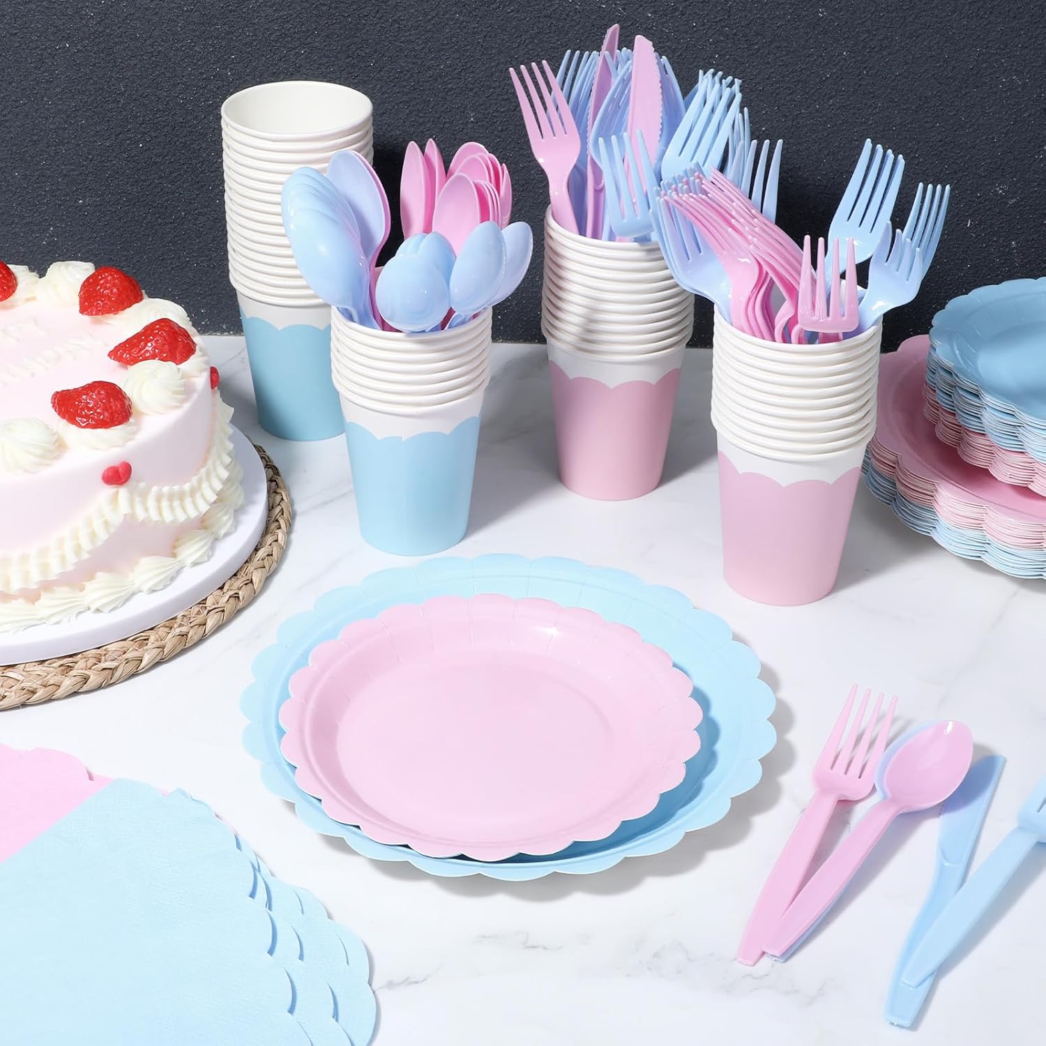 350 Pcs Gender Reveal Plates and Napkins Set (Serve 50), Boy or Girl Pink and Blue Gender Reveal Party Supplies Include |Scalloped Plates Napkins Cups Spoons Forks Knives| for Baby Shower
