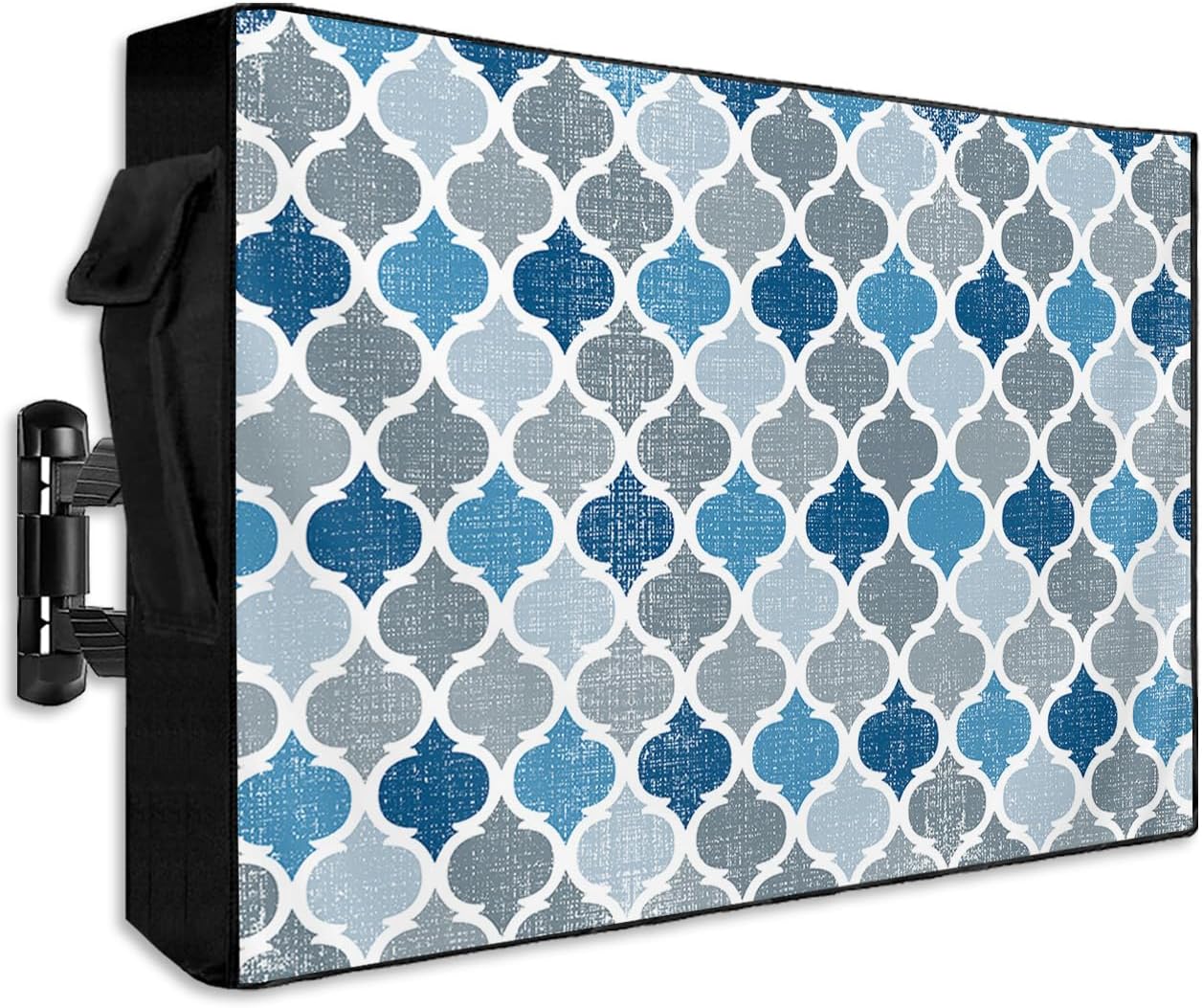 Blue Grey Outdoor TV Cover 48 to 50 inch Geometric Morocco Quatrefoil Lattice Waterproof Weatherproof TV Covers for Outside with Zipper Remote Control Pocket Outdoor Flat Screen Protectors