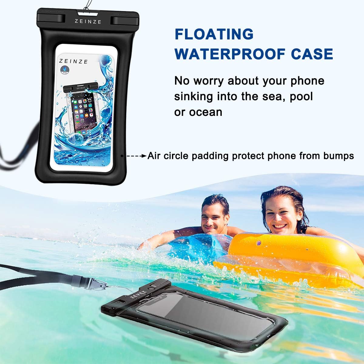 ZEINZE Floating Waterproof Case IPX8 Universal Waterproof Phone Case Bag Pouch Drg Bag Iphone 8/8Plus/7/7Plus/Samsung Galaxy S8/S7 LG V20 Google Pixel HTC10 Devices Up To 6"(Black+Black)