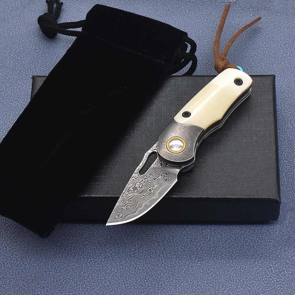 Klappmesser 3.7" Klein Damast Taschenmesser aus Rinderknochen Damaszener Damaststahl, edc messer outdoor scharfe einhandmesser, Damaskus Geschmiedet Stahl Messer Survival Jagdmesser, mini neck knife