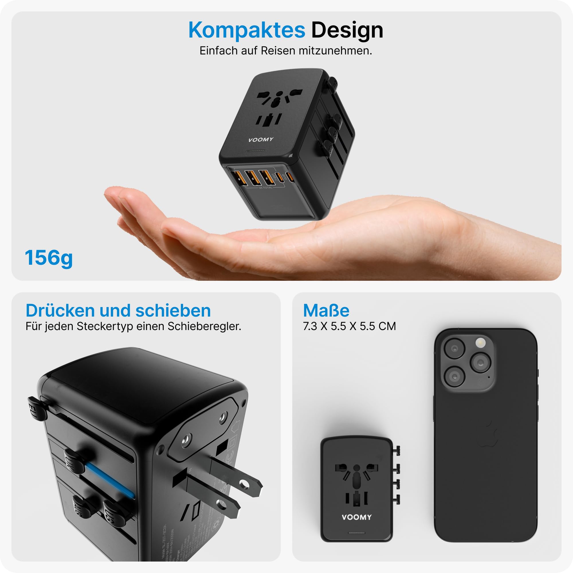 Voomy Reiseadapter Weltweit 35W, Reisestecker Adapter Weltweit mit 3 USB-A & 2 USB-C, Universal Travel Adapter für Deutschland USA England Australien Japan, Internationaler Stecker