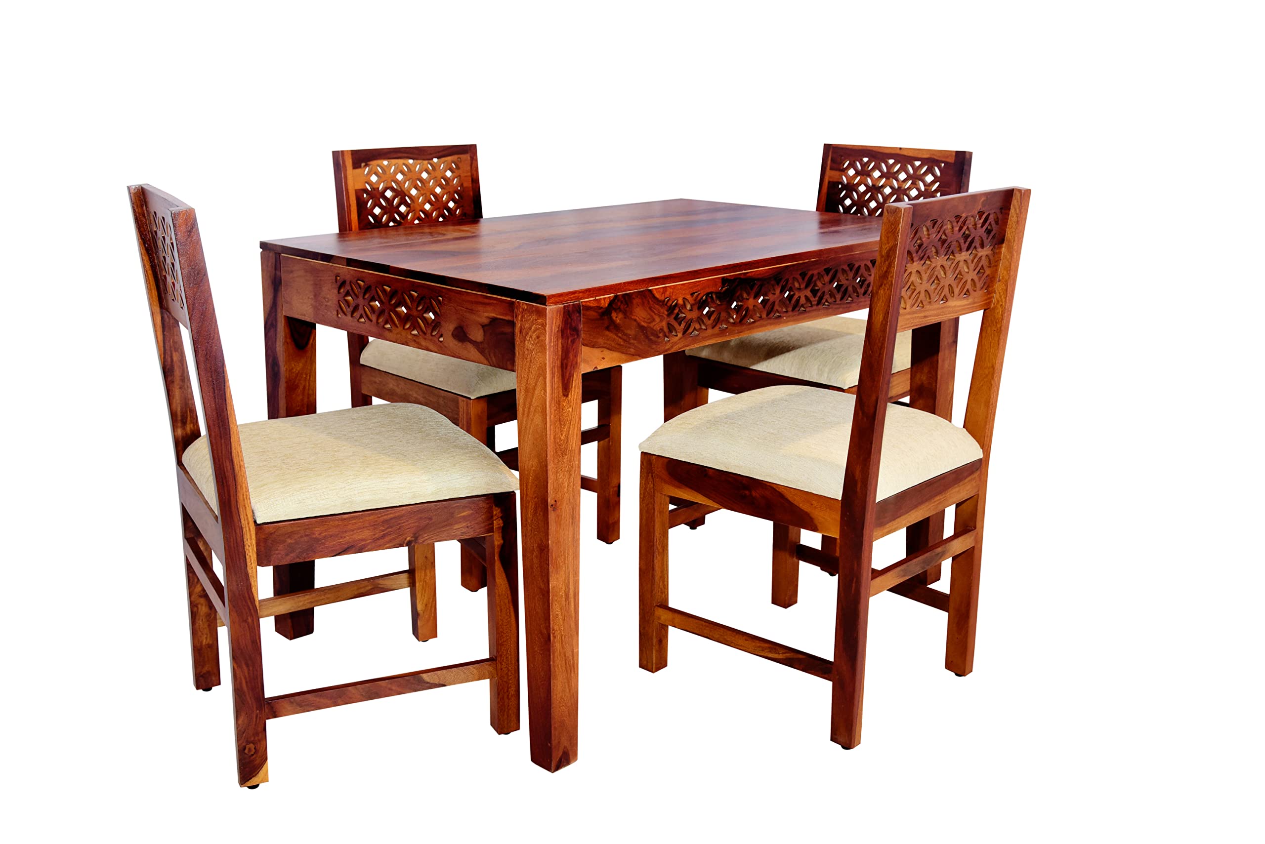 WOODY Furniture™ Dining Table 4 Seater with Chairs | Sheesham Wooden Four Seater Dinning Table with Cushioned Chairs for Restaurant | Dinner Table 4 Seater | Dining Room Set (Teak Finish)